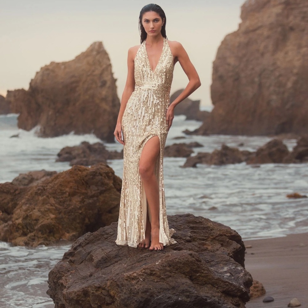 Mac Duggal Gold Sequin Halter Evening Dress